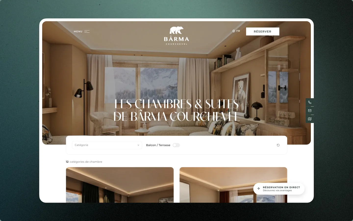 Page des chambres et suites, avec ses filtres