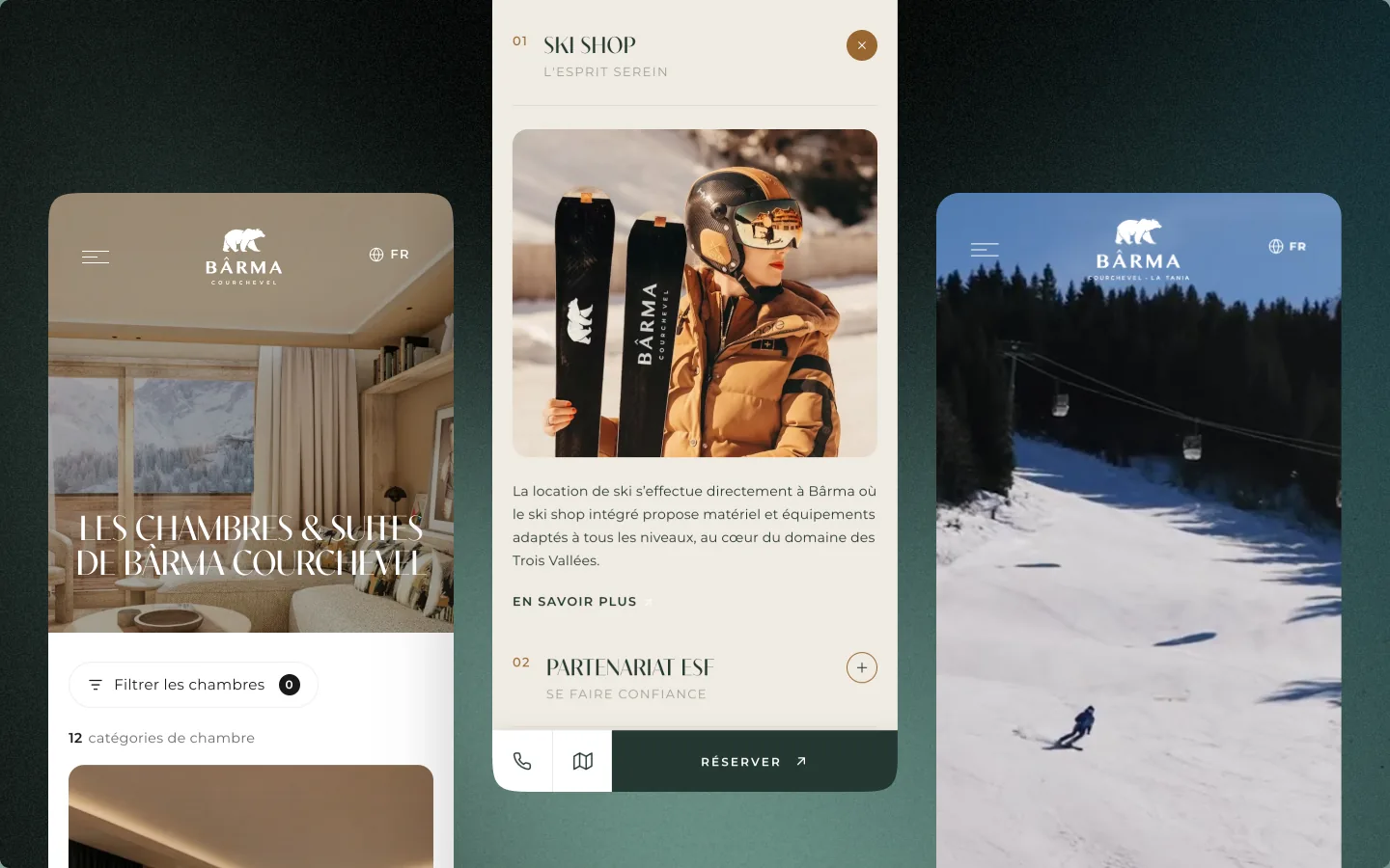 Chambres, ski shop et domaine skiable sur mobile