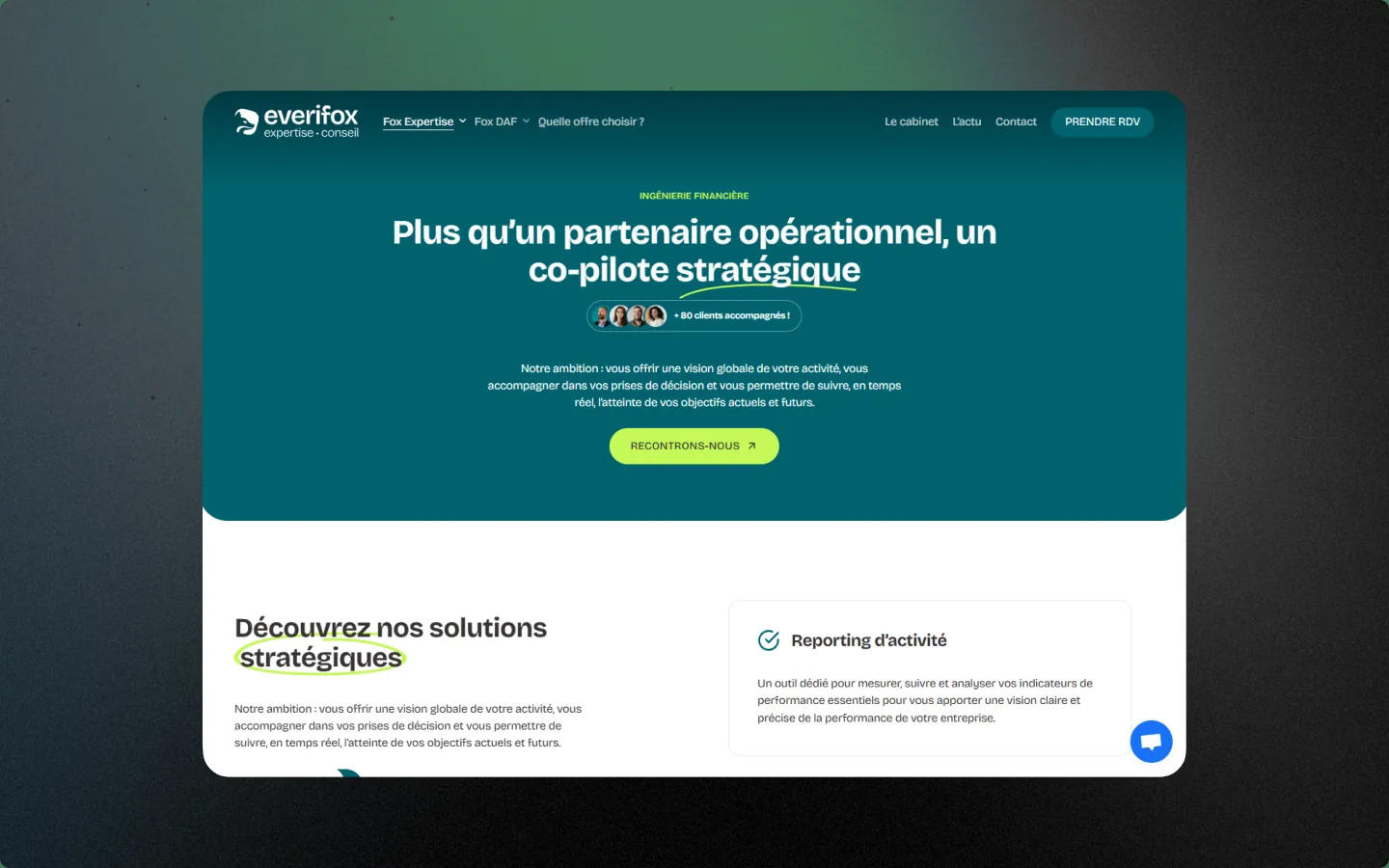 Page Fox Expertise : bandeau bleu pétrole et accents verts