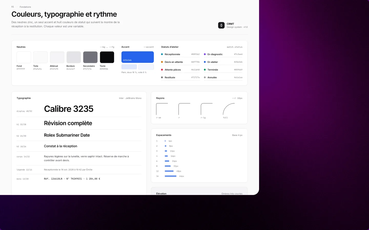 Fondations du design system : couleurs, statuts, typographie, rayons et espacements