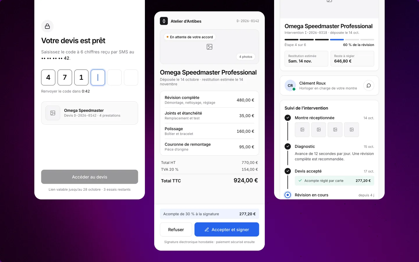 Parcours client sur mobile : code d’accès, devis à signer, suivi de l’intervention